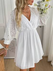 SHEIN LUNE Women's Boho White Dress,Autumn Vacation Holiday V-Neck 3/4 Sleeves Embroidered Hollow-Out Patchwork Elegant Casual Short Jumpsuit Fashion Outfits - White - View 4