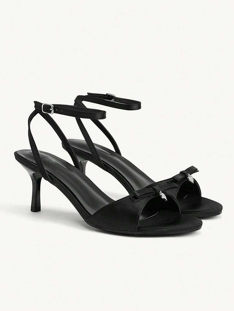 CUCCOO CHICEST Women Shoes Black Satin Satin Bow Heart Buckle Decoration, Ankle Strap Fashionable Elegance Temperament Spring And Summer Wedding Round Toe High Heel Sandals