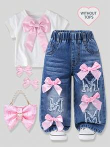 SHEIN 1pc Baby Girls' Denim Wide Leg Pants Sweet & Cute Casual Vacation Style Recommended Pink Bow 3D Felt Embroidery Lively & Playful Light Blue Washed Denim Elastic Waistband For Comfort And Easy Wear Loose Fit Suitable For Home Outings Dates Weekends Versatile Denim Wide Leg Trousers For All Year Round - Dark Wash - View 1