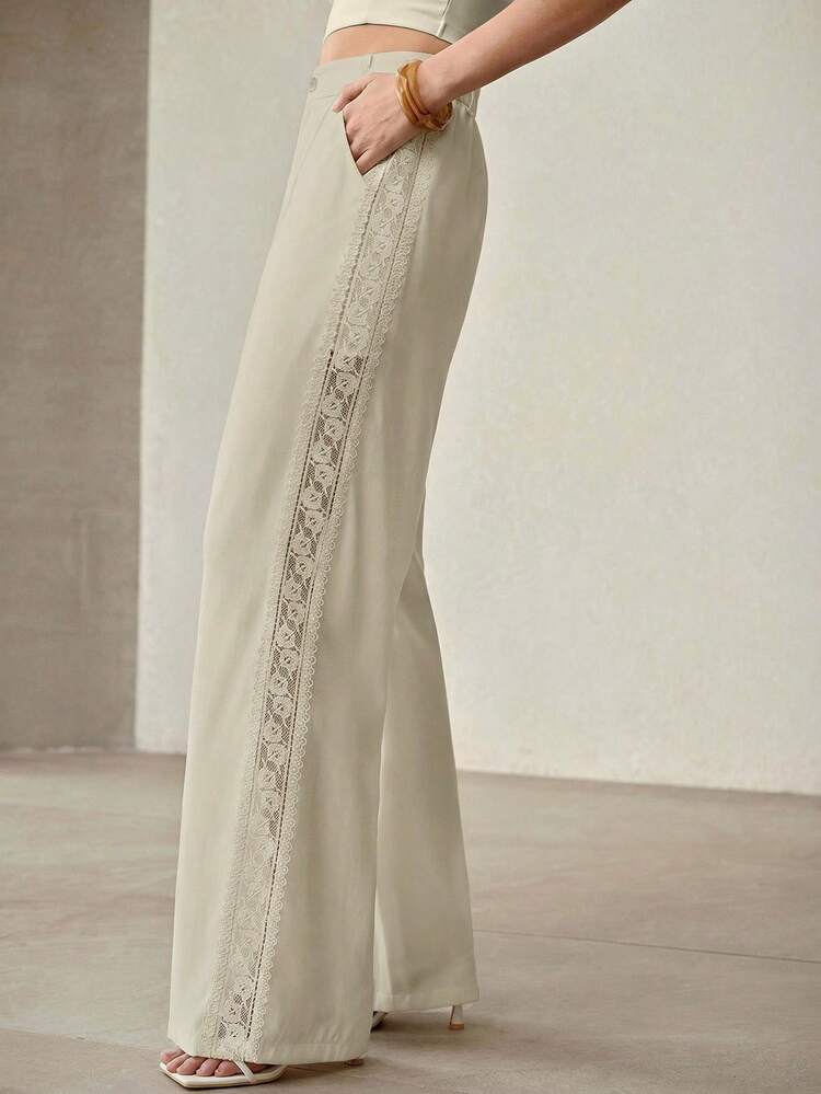 WOMEN'S FRENCH LACE HOLLOW-OUT HIGH WAIST LOOSE STRAIGHT PANTS, SLIMMING SPRING/SUMMER