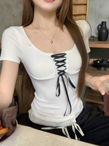 DAZY Women's Oversized Scoop Neck Short Sleeve Tie Front T-Shirt - White - View 6