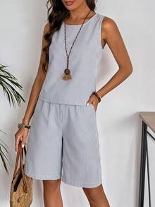 Faunlyn 女士条纹圆领背心和短裤休闲两件套 - 彩色 - 查看 7