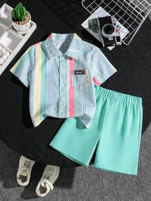 SHEIN Mirajuku 2件套男童条纹单排扣口袋短袖衬衫和休闲短裤 - 綠色 - 查看 7