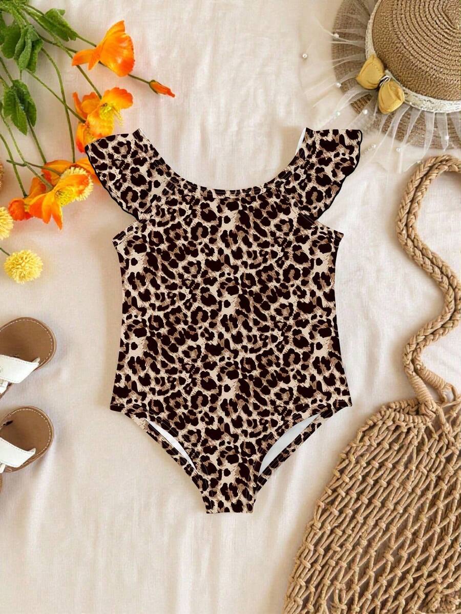 SHEIN Áo tắm liền thân tay bèo nhún họa tiết da báo và dâu tây cổ điển dành cho bé gái, phong cách thường ngày đi nghỉ mát ở bãi biển. - Nhiều màu - Xem 1