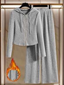 Franclia 2pcs Women Solid Color Hooded Zip-Up Jacket And Pants Set - Light Grey - View 4