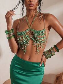 Opulessa 女士度假沙滩串珠流苏露背吊带上衣 - 綠色 - 查看 7