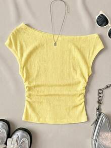 Teen Girl Casual Solid Color Knit Asymmetrical Shoulder Short Sleeve Top Yellow Off Shoulder Top Summer Top Textured Yellow Top - Yellow - View 2
