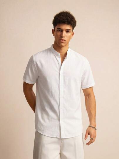 SWAVVY Men's Casual Solid Color Short Sleeve Shirt, Versatile For Summer