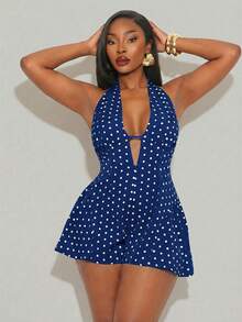 SHEIN SXY 大码女式波点印花深V领连体裤 - 藏蓝色 - 查看 3