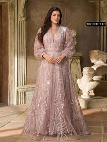 Aureia Petite Curve Elegantes Luxus-Kleid in Große Größen mit tiefem V-Ausschnitt, Langarm, transparentem Meerjungfrauensaum und Perlen- & Strass-Dekor, geeignet für Hochzeit, Party, Feier, Singles-Party, formelle Gala - Pink - Übersicht 6