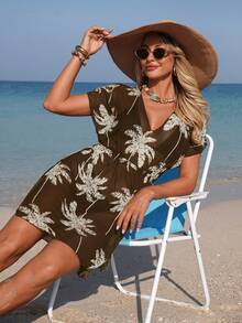 Swim Lushoire Women's Palm Tree Print V-Neck Cover-Up Dress, Vacation - Brown - View 6