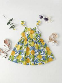Baby Girl Casual Cute Sweet Lemon Pattern Printed Sleeveless Elastic Waist Dress - Multicolor - View 2