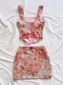 Soleia 女士复古蓝色宫廷风彩色花卉提花两件套：纽扣吊带露脐上衣和迷你裙，春夏款 - 粉色 - 查看 2