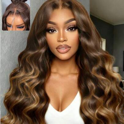 ALL READY WIG Bye Bye Slip 7x5 Lace Deep Mixed Color Brown With Caramel Higlights Bye Bye Knots Loose Wave Drawstring Wear Go Glueless Wig Transparent Lace 100% Human Hair Can Be Dyed
