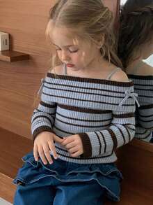 DAZY Young Girls Off Shoulder Striped Long Sleeve Sweater, Autumn/Winter - Blue - View 3