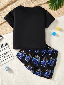 SHEIN Bộ đồ ngủ dài tay và quần dài in hình nhân vật hoạt hình số phát sáng trong bóng tối dành cho bé trai, 67 Digital Home Wear, thích hợp cho mùa xuân/thu/mọi mùa. - Nhiều màu - Xem 3