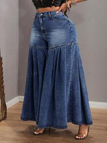 Slaydiva 大码拼接喇叭牛仔裤 - 深色水洗藍 - 查看 7