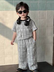 Dazy Kids Bộ áo thun ngắn tay kẻ caro kiểu Hàn Quốc cho bé trai và quần dài. - Xám - Xem 4