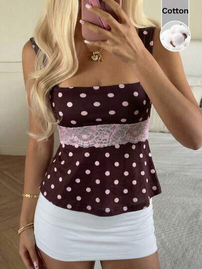 CovetEZ 2025 New Autumn/Winter Fashion Women's 100% Cotton Colorblock Lace Polka Dot Print Sleeveless Top, Suitable For Summer, Christmas, New Year And Various Occasions, Also Suitable For Party, Beach, Casual Holiday