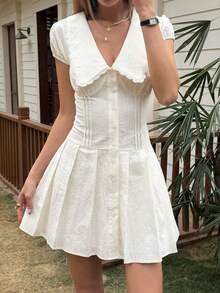 春夏白色优雅派对棉质荷叶边领花瓣袖收腰迷你连衣裙（女款） - 米色 - 查看 4