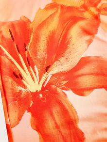 Aloruh 橙色芙蓉花全印花 V 领女士休闲连衣裙，适合夏季 - 珊瑚橙 - 查看 4