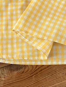 Rusticease Plus Size Women Plaid Button Design Cap Sleeve Blouse - Mustard Yellow - View 8