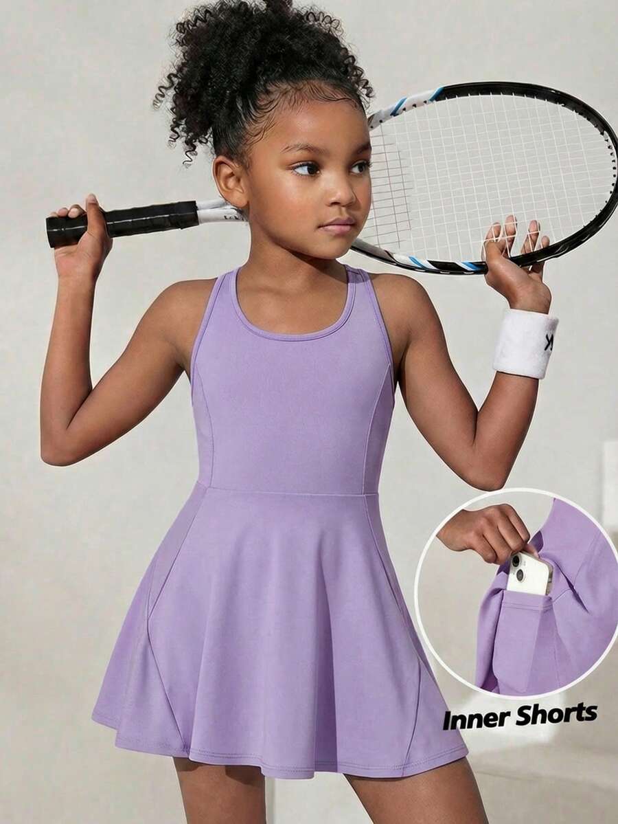 SHEIN Young Girl Solid Color Flared Skirt With Pockets Jumpsuit - Purple - View 1