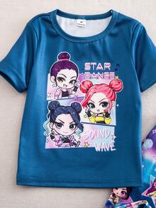 SHEIN 女童可爱休闲粉色云朵、星星、月亮格子印花短袖上衣和打底裤两件套睡衣 - 藏蓝色 - 查看 5