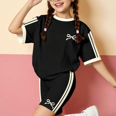 Black Contrast Stripe, Mini Bow Print, Teen Girl Casual Minimalist Comfortable Round Neck Loose Short Sleeve T-Shirt And Skinny Cycling Shorts Legging
