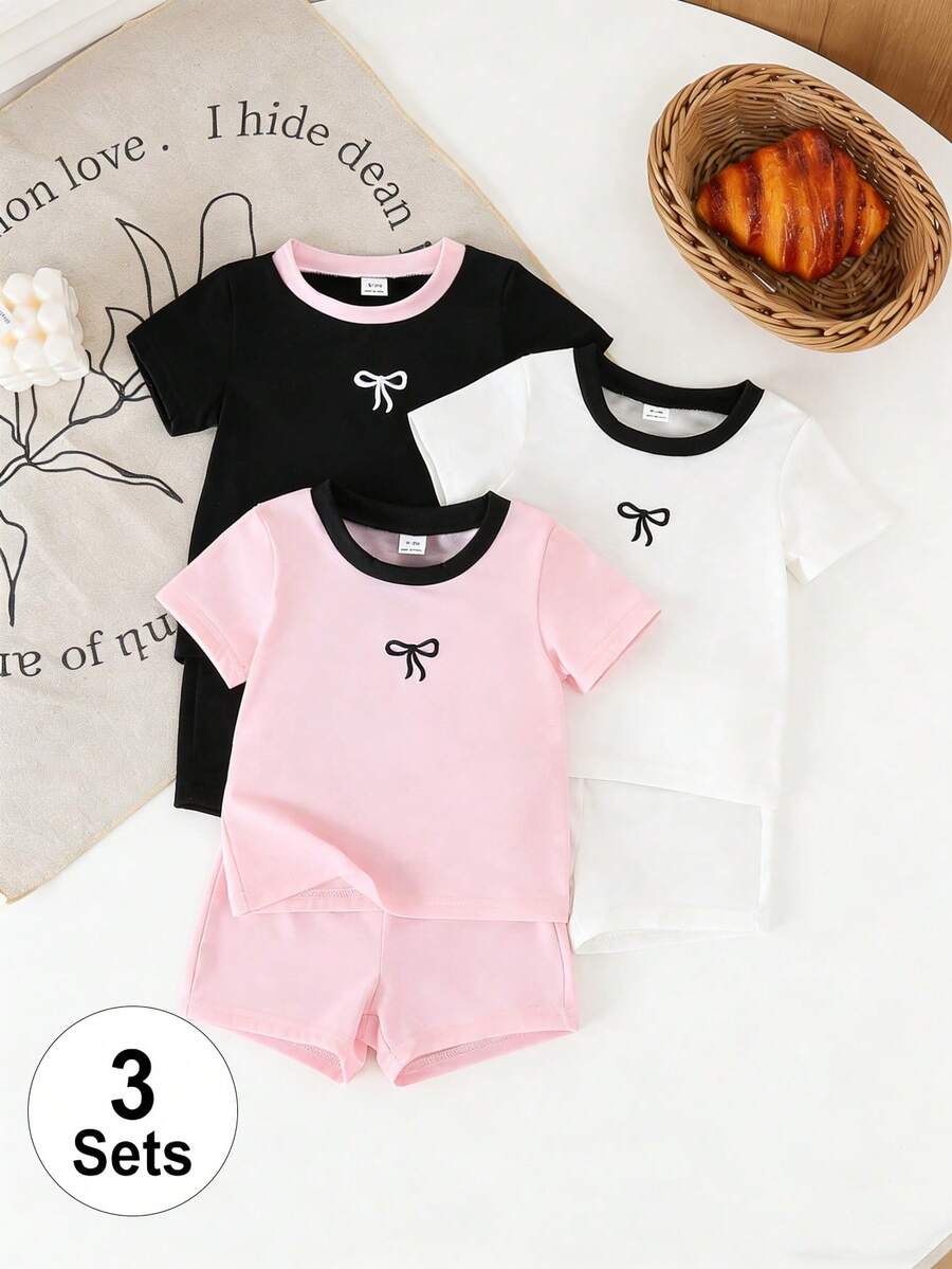 SHEIN 3套/6件女嬰夏季套裝包,可愛蝴蝶結刺繡上衣配對比色滾邊圓領與配套短褲套裝,超柔軟輕盈透氣面料,簡約甜美休閒風,適合0-3歲,日常穿著、遊戲約會與度假的百搭套裝 - 彩色 - 查看 1