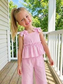 Emery Rose Kids 少女休闲假期上学通勤街头时尚吊带背心拼接A字编织蓝白条纹上衣搭配同款拼接阔腿裤套装 - 粉色 - 查看 4
