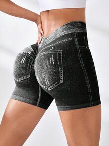 Velisys 2 pièces/set Shorts de sport noirs et bleus, shorts de yoga, de fitness et d'entraînement en tricot sans couture avec effet jean bleu et taille en V - Multicolore - Voir 6