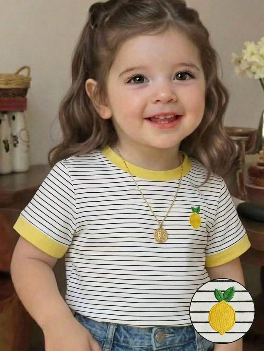 SHEIN Vintaside Kids Áo thun ngắn tay cổ tròn in hình chanh cho bé gái, quần áo trẻ em gái, áo thun bé gái, thích hợp cho mùa xuân/hè, mùa hè, phù hợp cho bé từ 6 tháng đến 3 tuổi. - Nhiều màu - Xem 1