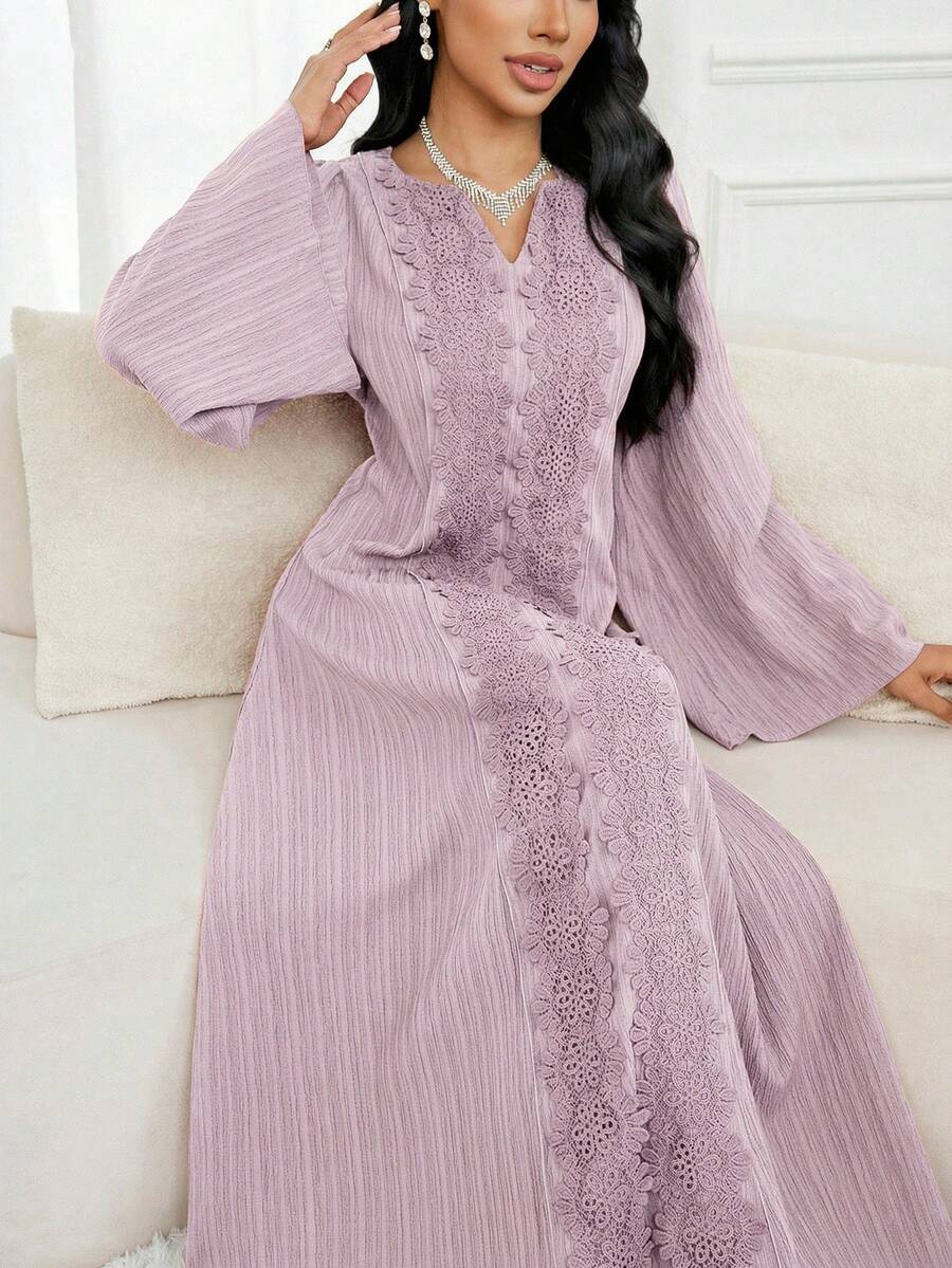 Al Najma Women's Elegant Solid Color 3D Lace Print Asymmetric Collar Flare Sleeve Arabic Style Dress - Dusty Purple - View 1