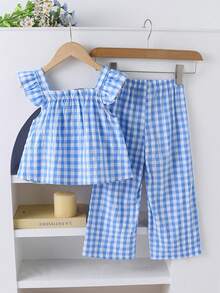 2026夏季新款女童4-7岁蓝白格子雏菊短袖两件套，儿童宽松阔腿裤套装 - 藍色 - 查看 2
