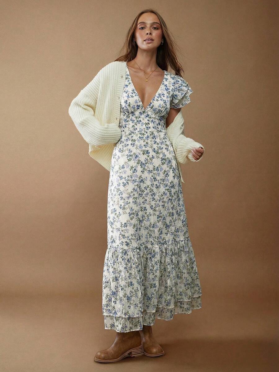 WESTFADE 印花雪纺V领荷叶袖层叠荷叶边长款连衣裙，适合秋季、冬季穿着，也可作为纳什维尔乡村音乐会服装，休闲、可爱、波西米亚风、西部风格女装。 - 藍色 - 查看 1