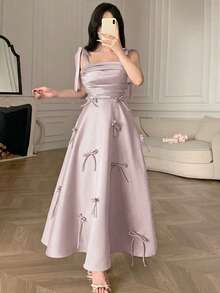 Feyla Vestido elegante de mujer con lazo decorativo y hombros retorcidos de unicolor - Rosa Pálido - Ver 5