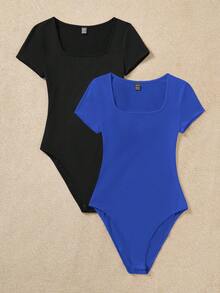 SHEIN EZwear 两件套女士休闲简约黑色和藏蓝色纯色百搭圆领短袖连体衣，适合春夏穿着 - 彩色 - 查看 3
