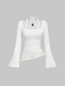 SHEIN MOD Lace Patchwork Asymmetrical Hem Foldable Collar Lace Trim Tie-Neck Slim Fit Women T-Shirt, T Shirt - White - View 2
