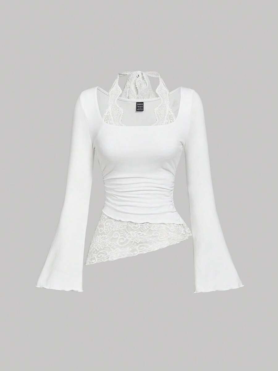 SHEIN MOD Lace Patchwork Asymmetrical Hem Foldable Collar Lace Trim Tie-Neck Slim Fit Women T-Shirt, T Shirt