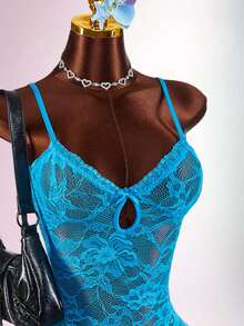 Amplova Y2K Blue Low-Cut Lace Sexy Sheer Mini Dress For Women Y2k Dresses Women's Summer Outfits Club Outfits For Women Dress Turquoise,Summer Dresses For Women - Blue - View 5