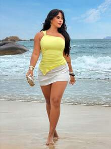 Rustia Plus Size Solid Color Ruched Asymmetric Collar Tank Top - Yellow - View 5