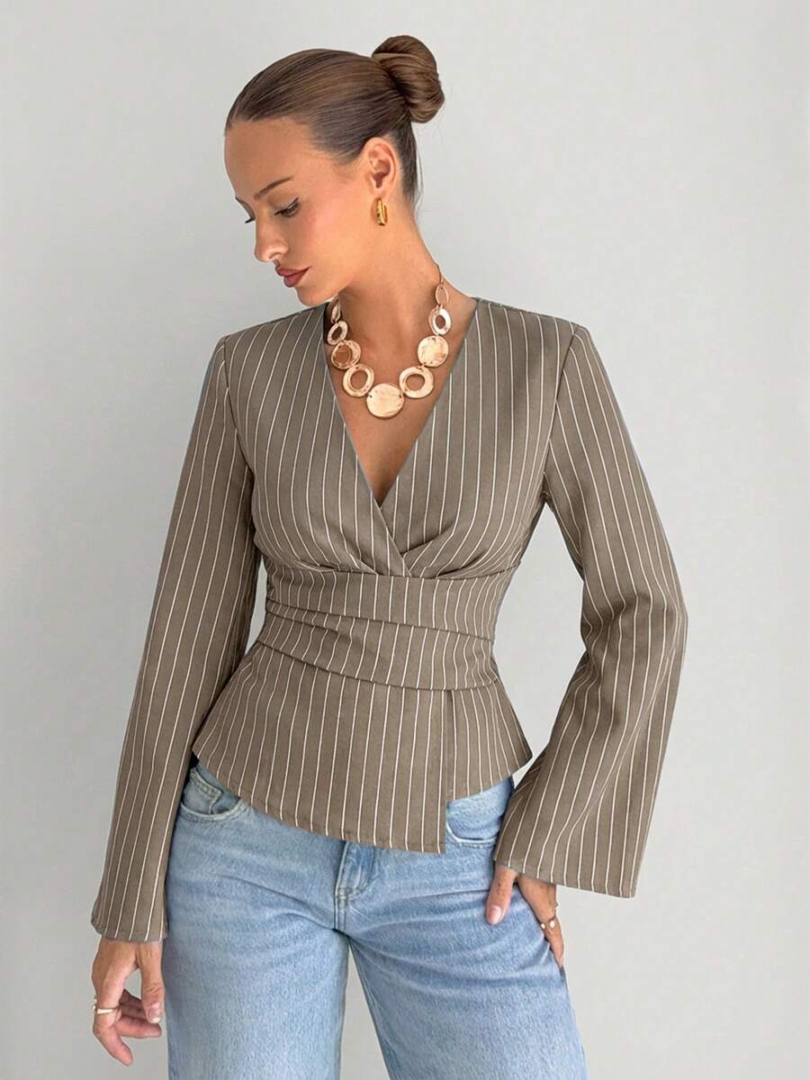 Siren Gaze 女士时尚优雅V领条纹印花长袖衬衫 - 駝色 - 查看 1