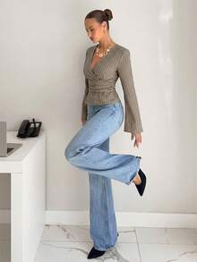 Siren Gaze 女士时尚优雅V领条纹印花长袖衬衫 - 駝色 - 查看 2