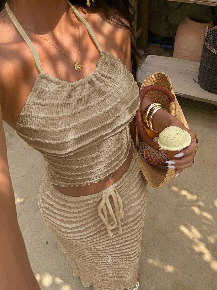 Sunnyshic 浅黄色女士提花吊带背心和长裙套装，度假装 - 卡其色 - 查看 1