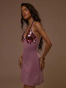 MUSERA Đầm ngắn ôm sát, dáng suông, cổ yếm chữ V khoét sâu, đính sequin, thích hợp cho mùa hè, xuân, đi nghỉ mát, du lịch, dự tiệc, phong cách thanh lịch, hoàng hôn, có dây buộc. - Màu tím hoa cà - Xem 3