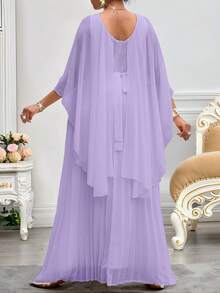 SHEIN CURVE+ Đầm cỡ lớn dành cho nữ, thanh lịch, thích hợp mặc đi làm, dự tiệc, đám cưới, tiệc cocktail, hòa nhạc/lễ hội âm nhạc, màu tím, chất liệu chiffon dệt, cổ tròn, thắt dây, tay lửng xếp ly, cỡ lớn, đầm cỡ lớn, đầm thanh lịch dành cho nữ, bộ đầm thanh lịch. - Màu tím - Xem 3