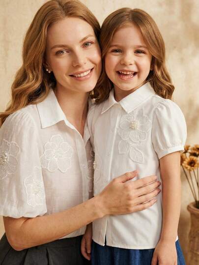 SHEIN 1pc Tween GirlsDelicate 3D Floral Design Puff Sleeve Blouse, Sweet & Cute, Summer