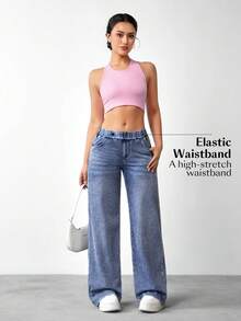 Flexra 女士松紧腰带口袋宽松休闲阔腿牛仔裤 - 藍色 - 查看 7