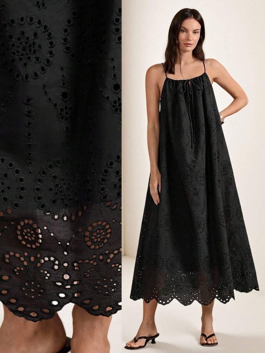 Briarwyn 女士纯色褶皱时尚约会派对长吊带连衣裙 - 黑色 - 查看 1